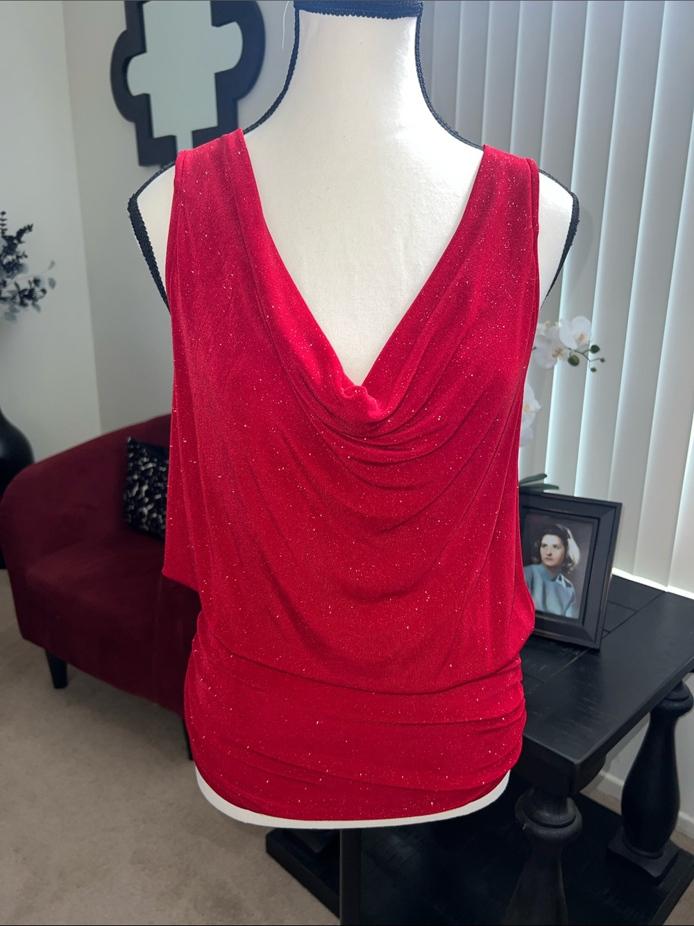 GUESS Red Sparkle Cowl Neck Sleeveless Top
